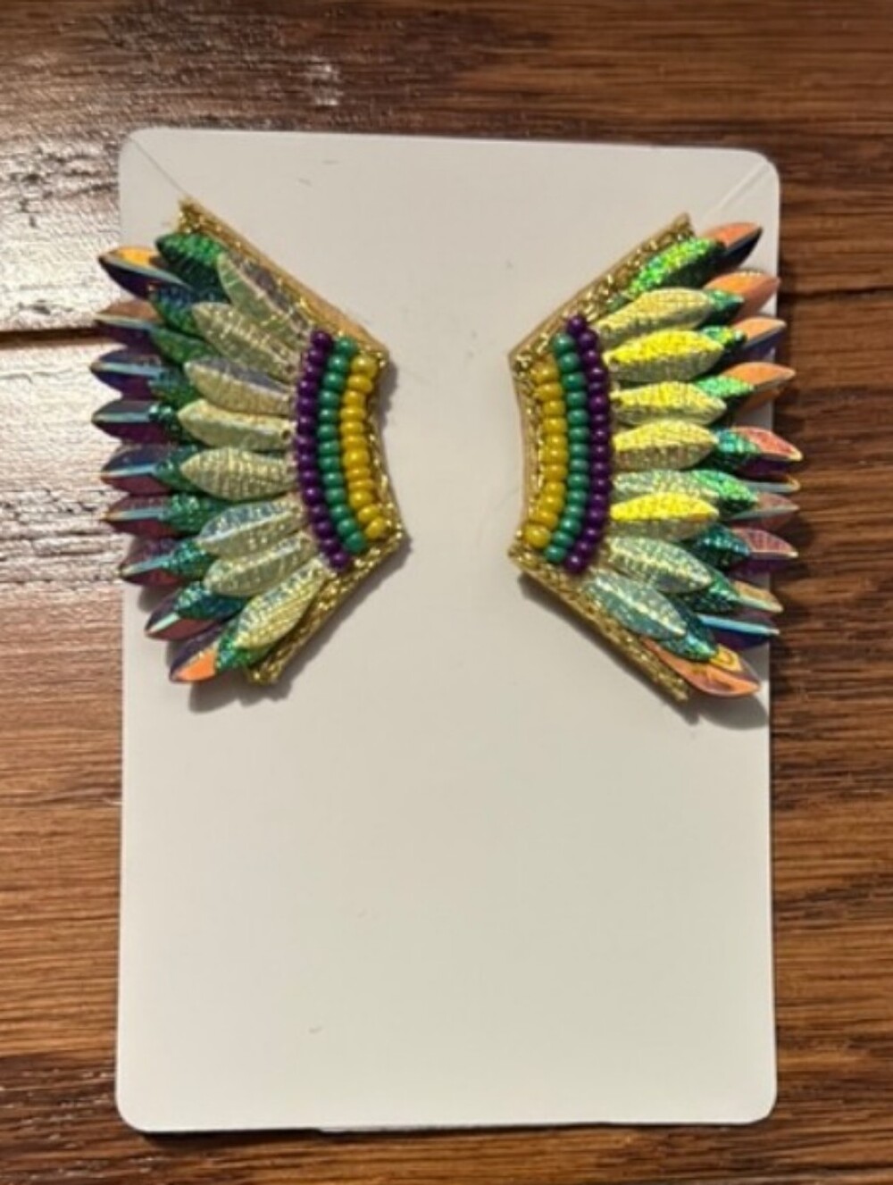 Colorful MARDI GRAS Wing Feather Earrings - Yellow, Green, Purple